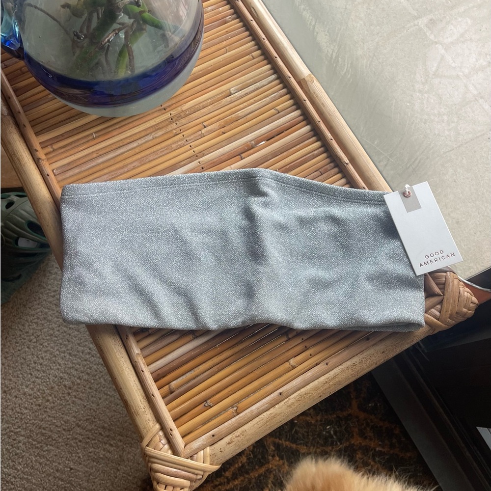 Good American Silver Strapless Bikini Top